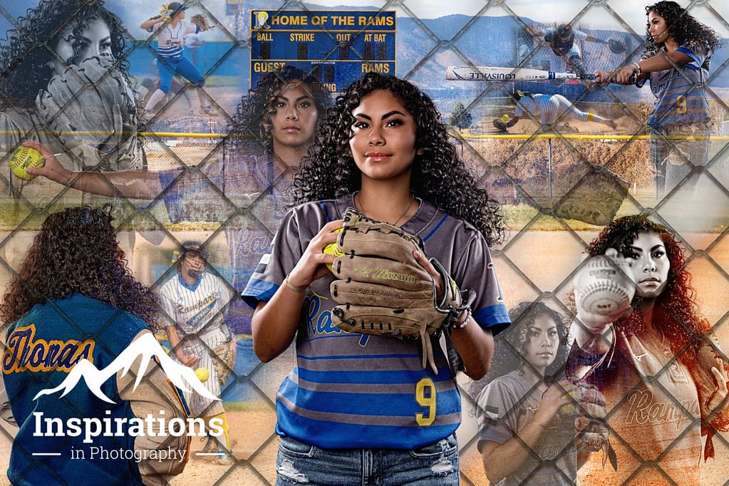 Collage of a female softball player in action and posed shots, including batting, pitching, and fielding scenes, wearing a team uniform